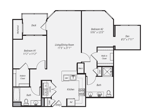 Floor plan for 2 beds, 2 baths, 1105 sqft
